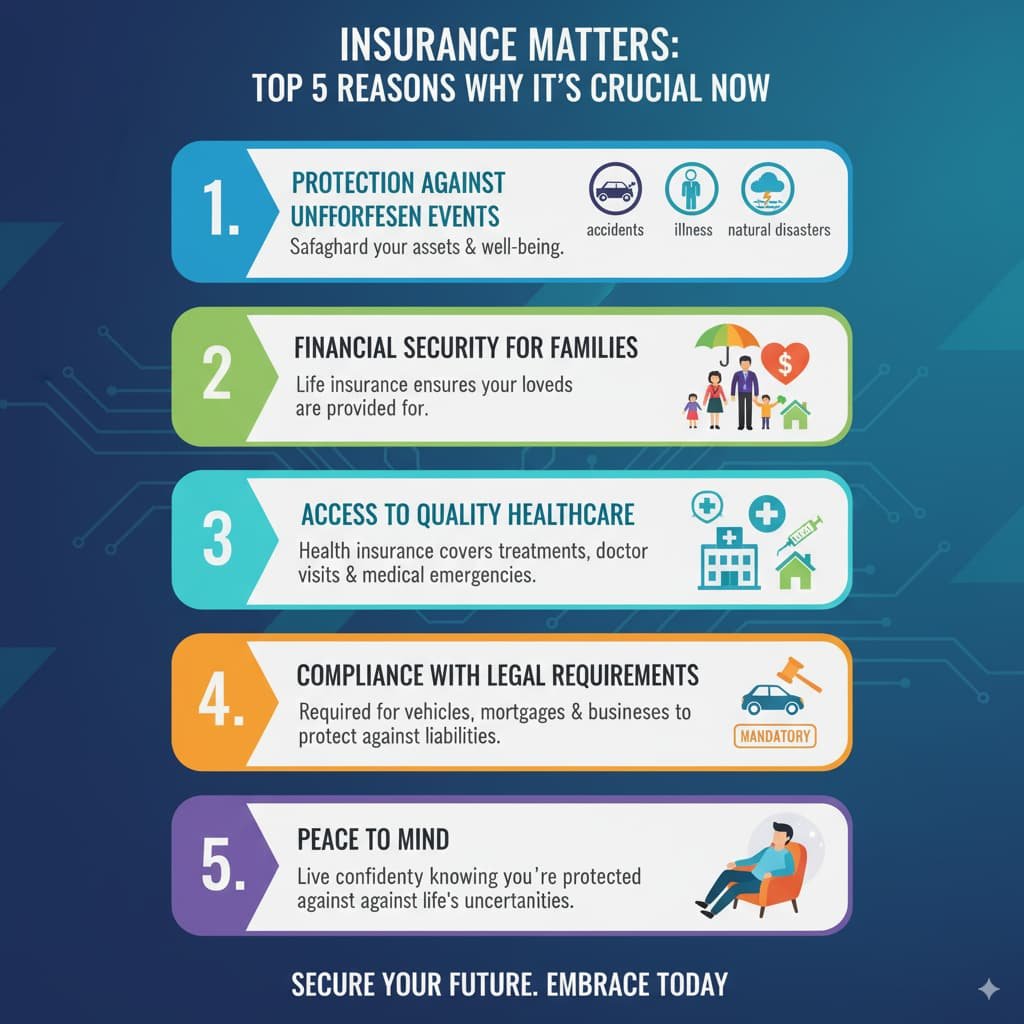 Infographic highlighting why insurance matters more than ever, showcasing five key reasons: protection against unforeseen events, financial security for families, access to healthcare, legal compliance, and peace of mind, with relevant icons for each