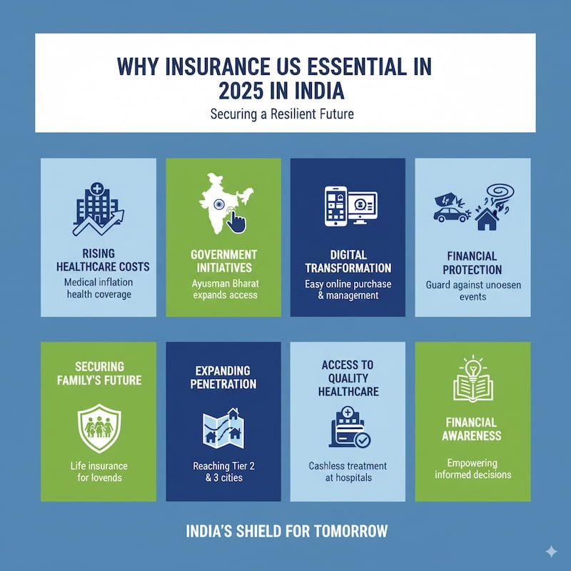 An infographic explaining why insurance is essential in 2025, highlighting rising healthcare costs, government initiatives, digital transformation, financial protection, securing family futures, expanding insurance access in smaller cities, access to quality healthcare, simplified claims process, cyber threats protection, and financial awareness.