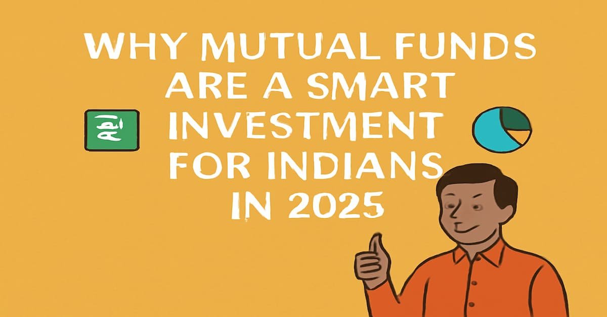 A digital illustration titled "Why Mutual Funds Are a Smart Investment for Indians in 2025," featuring a smiling Indian man in an orange shirt giving a thumbs-up. The image also includes a pie chart and the title against a warm golden-yellow background.