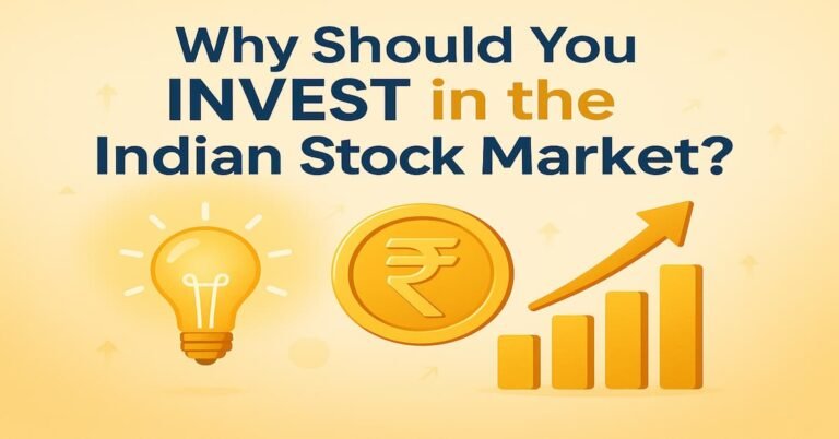 Illustration depicting the question 'Why Should You Invest in the Indian Stock Market?' with a glowing lightbulb, golden rupee coin, and rising bar graphs symbolizing growth and investment opportunities in India