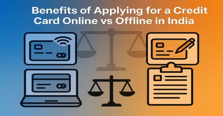 A digital graphic comparing the benefits of applying for a credit card online versus offline in India. The image features an online application icon with a laptop and Wi-Fi symbol, and an offline application icon with a clipboard, set against a split background of blue and orange