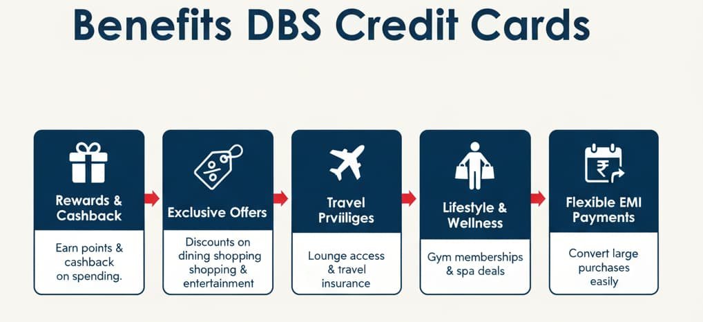 Infographic showing benefits of DBS Credit Cards, including reward points, exclusive offers, travel perks, lifestyle discounts, and flexible EMI payments
