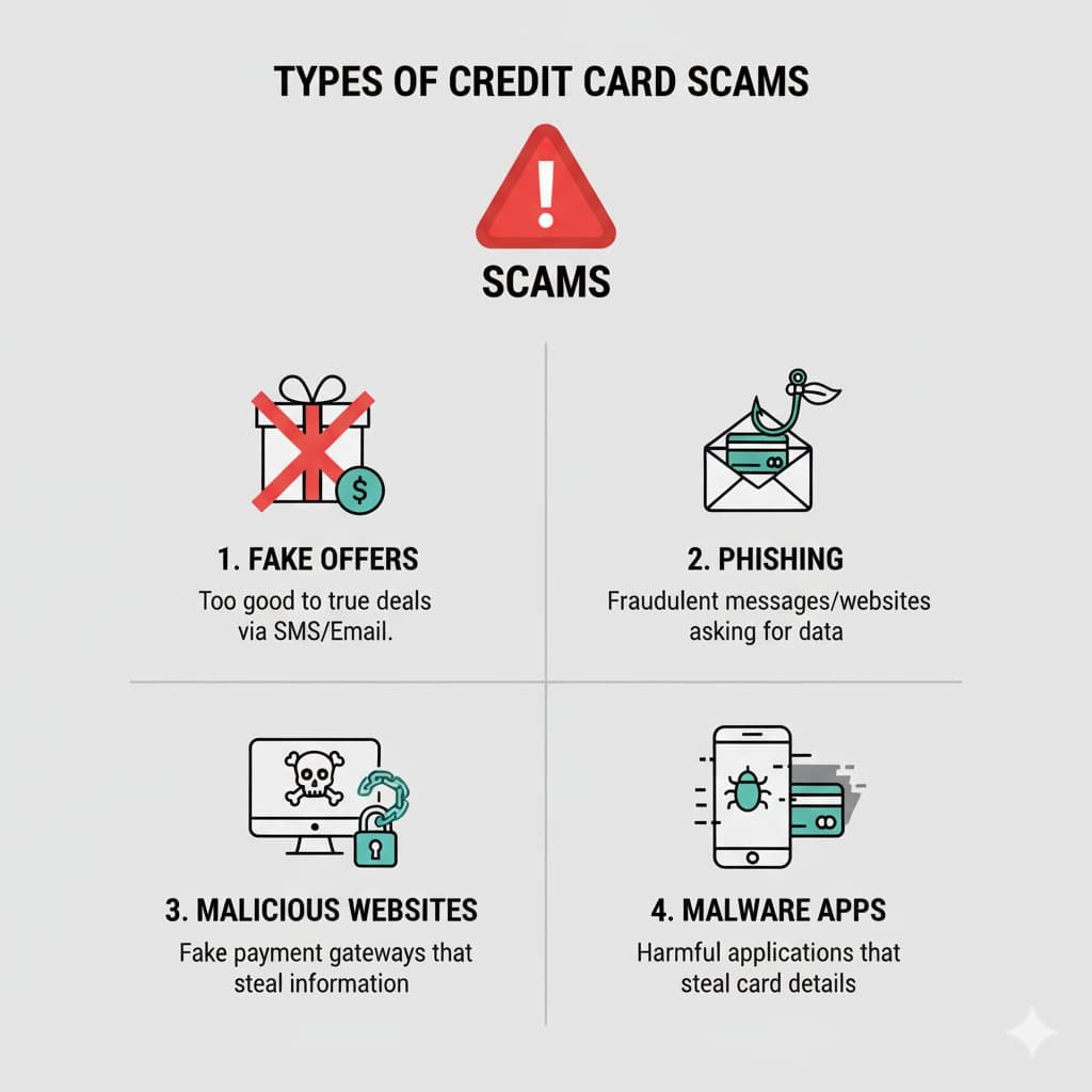 Infographic illustrating different types of credit card scams: Fake offers, phishing emails and calls, malicious websites, and malware apps, with a warning about protecting personal information