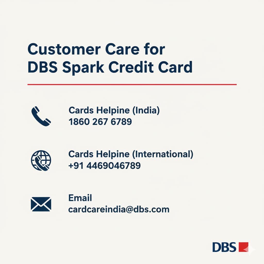 Infographic with customer care details for DBS Spark Credit Card, including helpline numbers for India and international support, and email contact