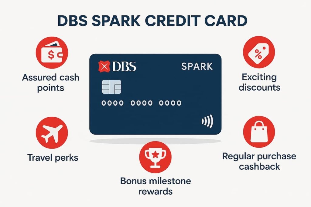 Infographic of DBS Spark Credit Card highlighting cashback points, discounts, travel perks, shopping rewards, and milestone bonuses