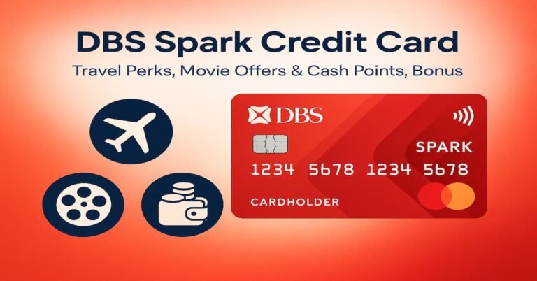DBS Spark Credit Card – Travel perks, movie offers, cash points, and bonus features, with icons for travel, movies, and wallet, alongside the DBS Spark card