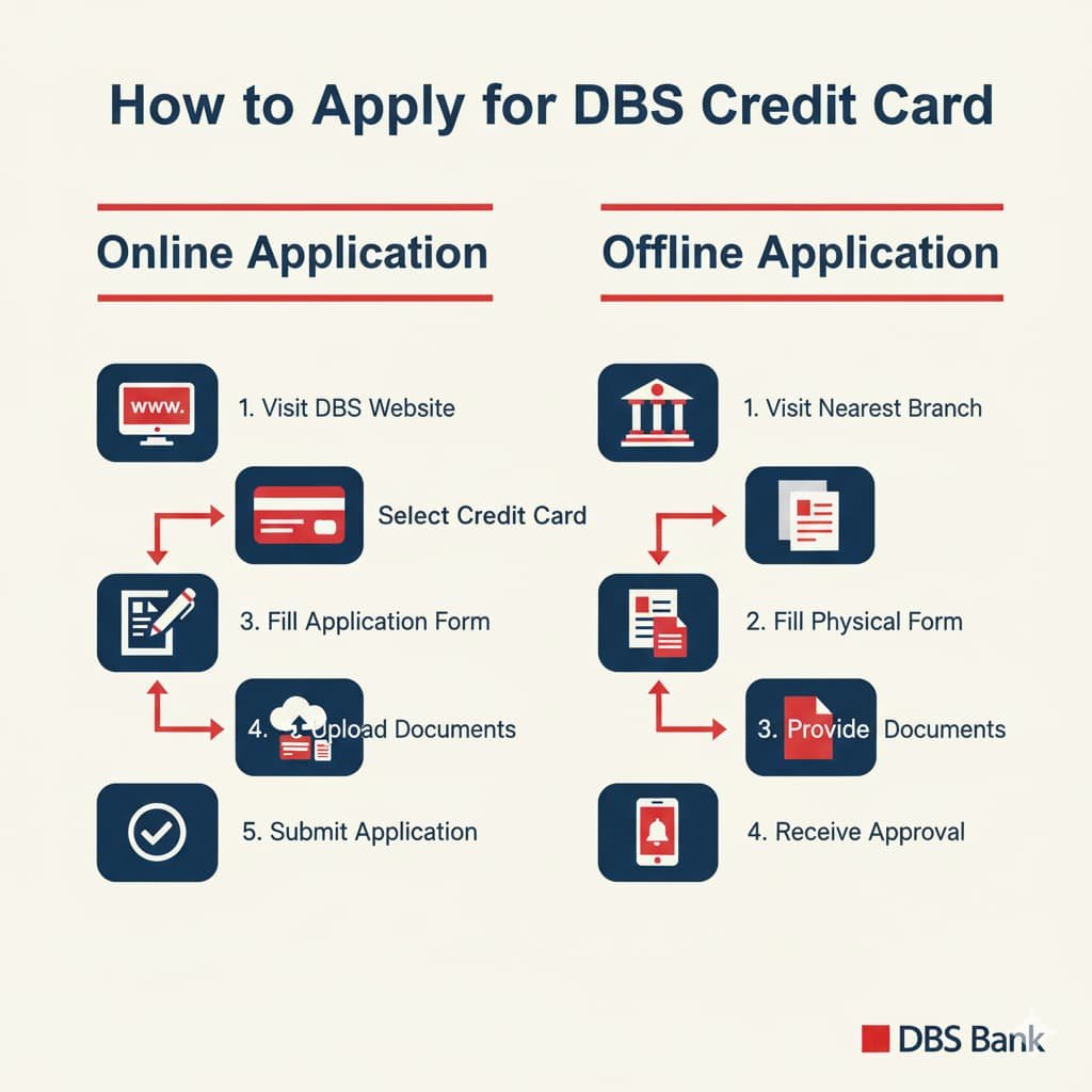 Infographic explaining how to apply for a DBS Credit Card online and offline, with icons for website, form filling, documents, bank branch, and approval