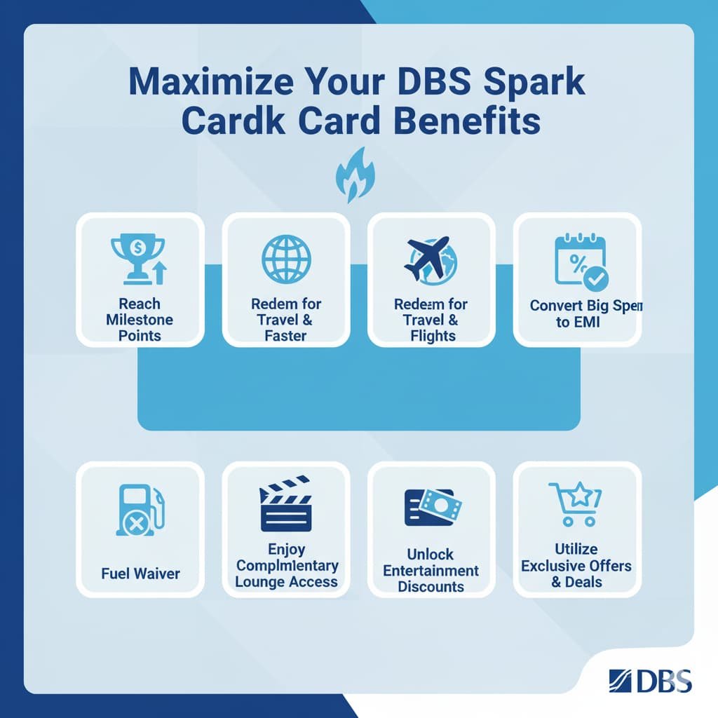 Infographic with tips for maximizing DBS Spark Credit Card benefits, including reaching spending milestones, redeeming points for travel, using EMI options, enjoying lounge access, and entertainment discounts