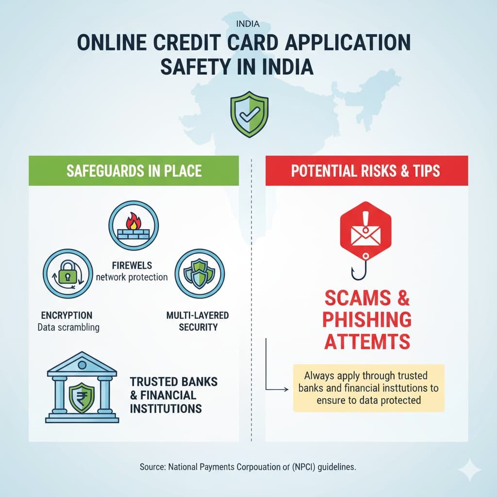 Infographic explaining the safety of online credit card applications, highlighting encryption, firewalls, and data protection. Also includes a warning about potential scams