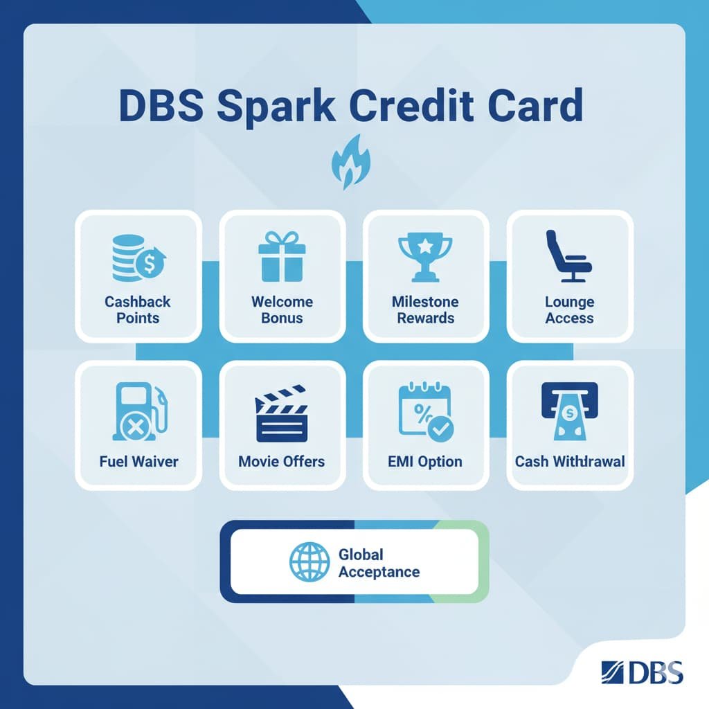 Infographic showing key features of DBS Spark Credit Card including cashback points, welcome bonus, milestone rewards, lounge access, fuel surcharge waiver, BookMyShow offers, EMI conversion, interest-free withdrawals, and global acceptance