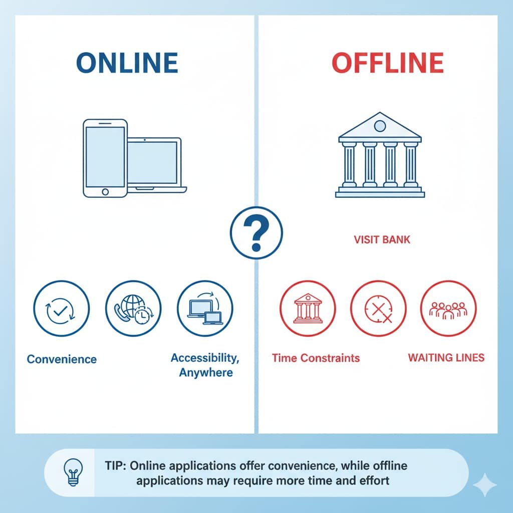 Infographic comparing online and offline credit card applications, highlighting the convenience and accessibility of online applications versus the time-consuming offline process