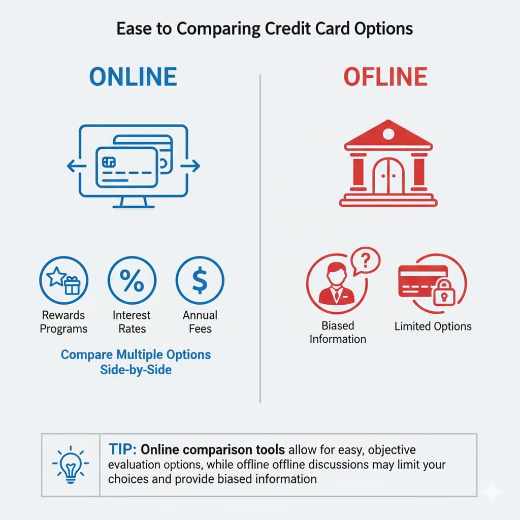 Infographic illustrating the easy comparison of credit card options online versus offline, highlighting the benefits of comparing features online and the limitations of offline options