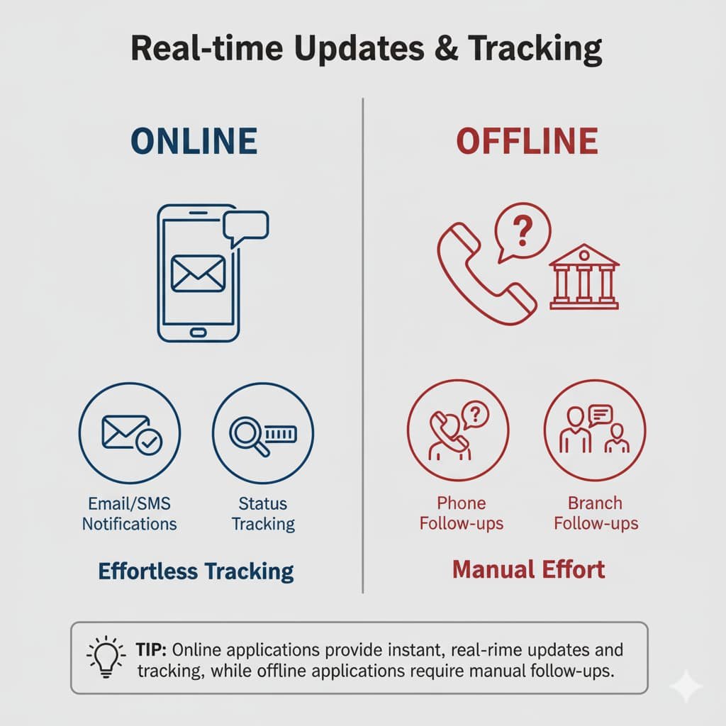 Infographic showing real-time updates and tracking for credit card applications online versus offline, highlighting the ease of online tracking and the need for follow-up offline