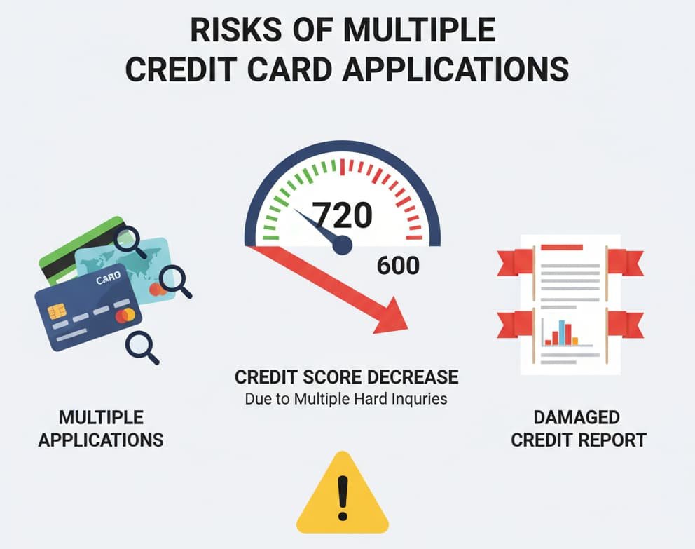 Infographic illustrating the risks of applying for multiple credit cards at once, with a focus on how it can negatively impact your credit score and the importance of applying for one or two cards at a time