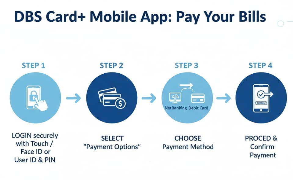 Infographic explaining how to pay via DBS Card+ Mobile App, with steps for login, selecting payment amount, and proceeding via NetBanking or debit card