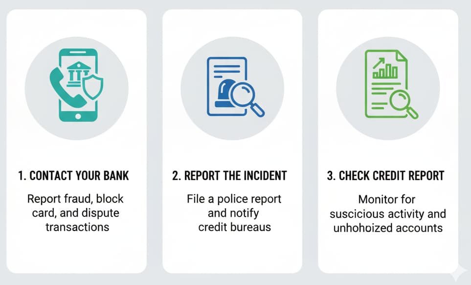 Infographic outlining steps to take if you fall victim to credit card fraud: Contact the bank, report the incident, and check your credit report for suspicious activity.