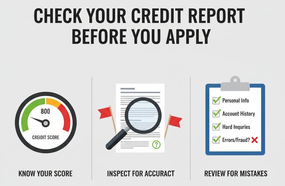 Infographic showing the importance of checking your credit report before applying for a credit card. It highlights the need to review for errors and inaccuracies to improve your chances of approval