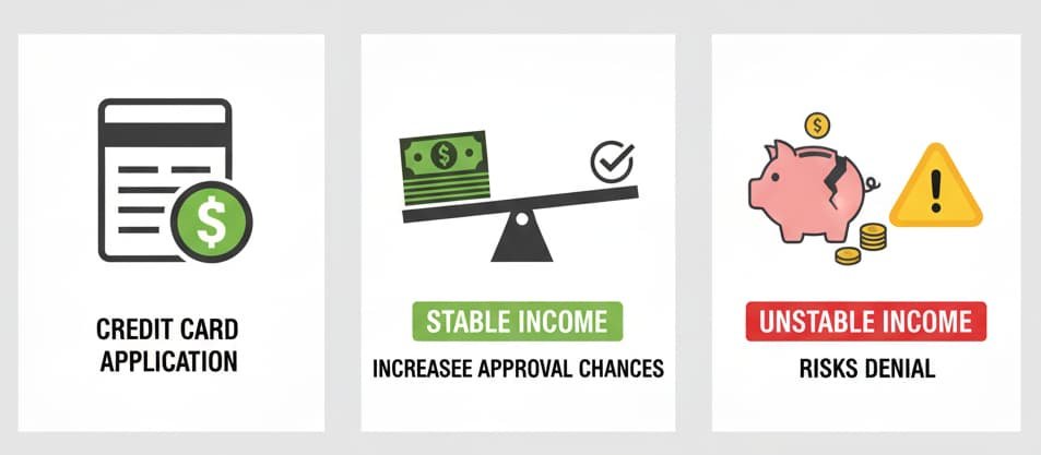 Infographic explaining the importance of having a stable income source for credit card approval. It highlights the need for self-employed individuals to provide tax returns or business statements.