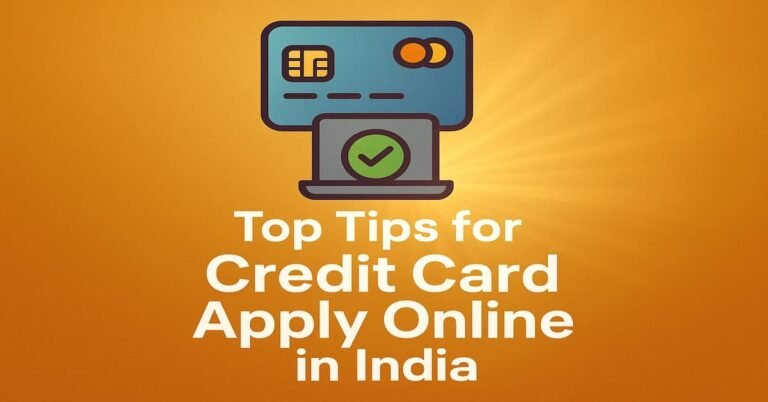 A digital graphic with tips for applying for credit cards online in India. It features a blue credit card icon above a laptop showing a green checkmark, all set against a gradient orange background with rays of light
