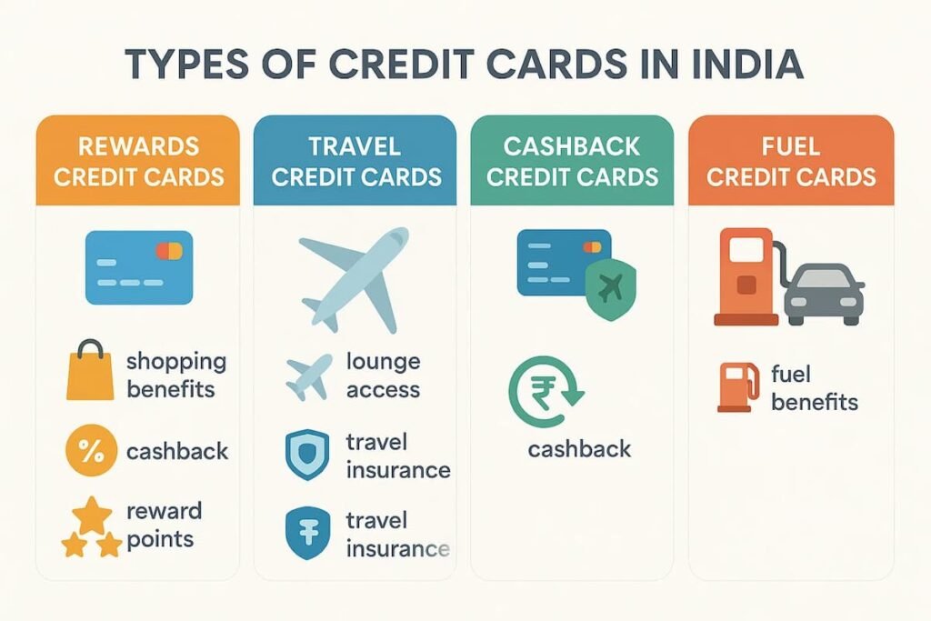 Infographic comparing four types of credit cards: Rewards, Travel, Cashback, and Fuel. Features icons and benefits for each card type in India