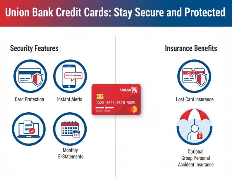 Infographic displaying Union Bank Credit Card safety benefits including lost card insurance, instant alerts, e-statements, and optional accident insurance.