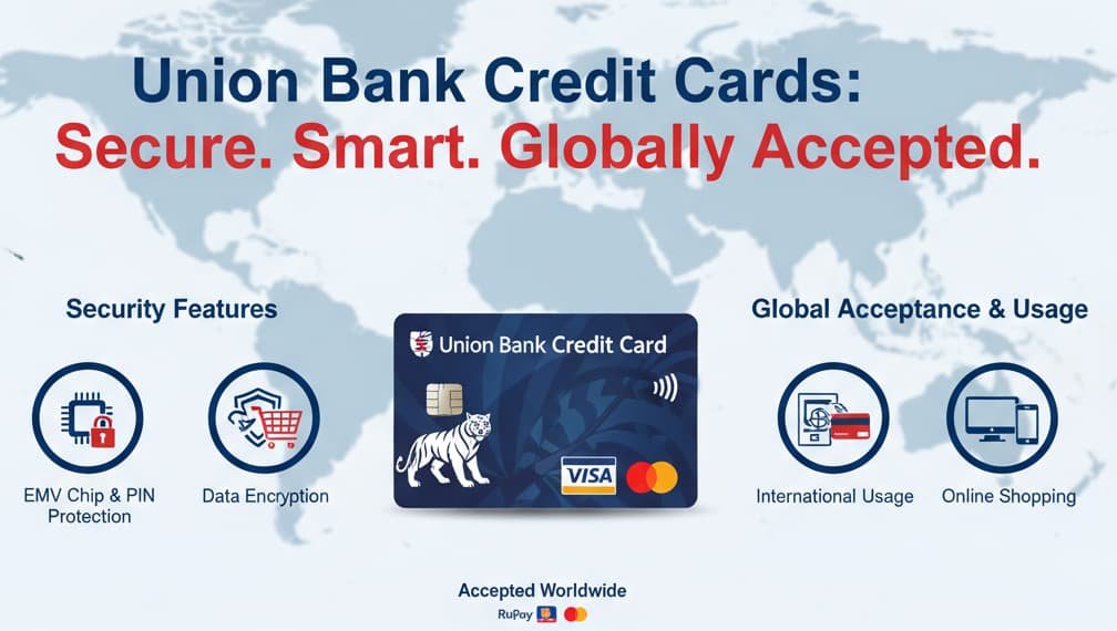 Infographic of Union Bank Credit Cards highlighting EMV chip security, global usage, and acceptance on RuPay, Visa, and MasterCard networks.
