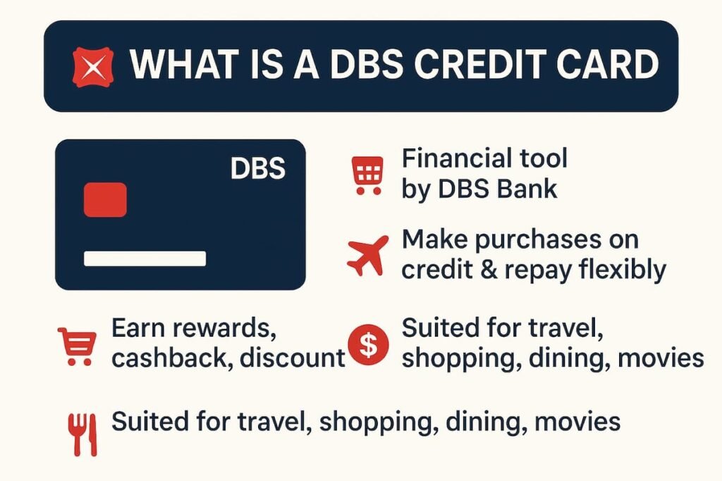 Infographic showing what a DBS Credit Card is, with icons for shopping, travel, dining, and cashback, highlighting benefits like flexible repayment, rewards, and discounts
